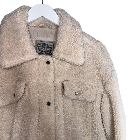 Levi's Sherpa Cream Teddy Medium Length Coat Jacket Super Warm Cozy Size Large - Picture 8 of 11